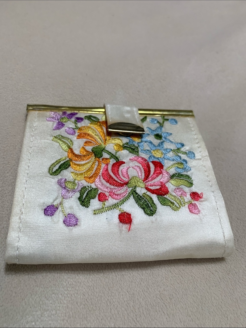 Embroidered Floral Satin Wallet - White